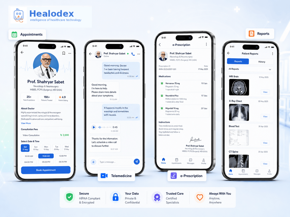 Branded doctor mobile app preview on iPhone — patient-facing home screen with appointment booking, telemedicine, and prescription access